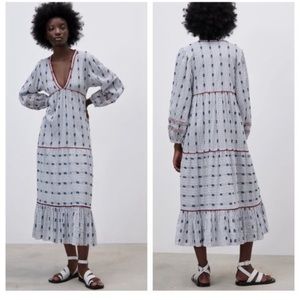 Zara Striped Tiered Embroidered Peasant Midi Dress Size L
